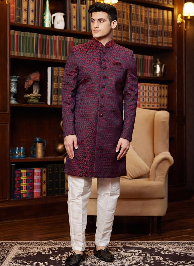 Jacquard Silk Wine Wedding Wear Hand Work Readymade Sherwani